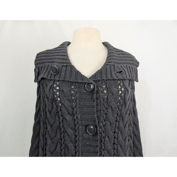 Vintage Y2K Sweater Poncho Shawl Gray Pointelle Knit Button Front Misses Size M - Picture 2 of 6